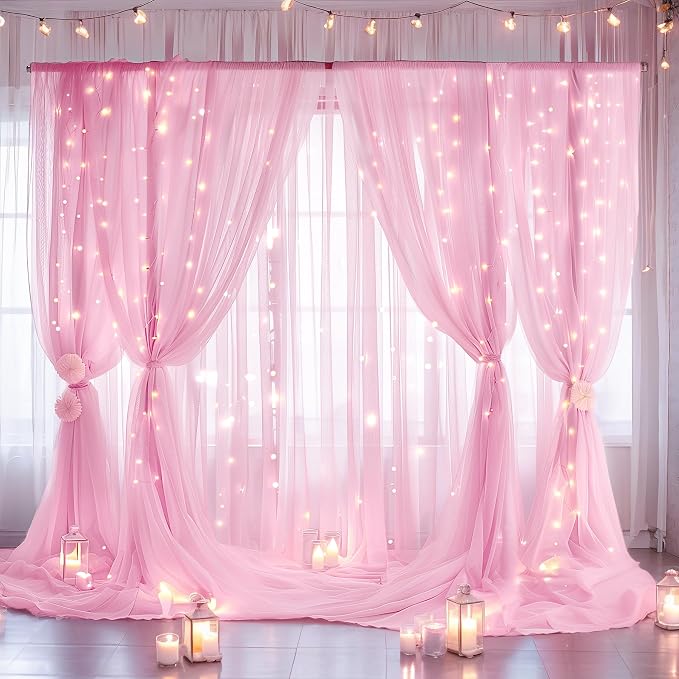 20ft x 10ft Pink Backdrop Curtain with Lights String for Parties, Sheer Tulle Wedding Photo Backdrops Drapes for Baby Shower Birthday Party Decorations Background for Photography - Image 3