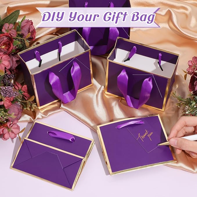 Yeaqee 25 Pcs Mini Metallic Paper Gift Bags with Handle, Purple, Gold | 4.75x2.25x4'' Small Gift Bag with DIY Tag, Tiny Thank You Party Favor, Wedding Baby Shower Birthday Back to School Jewelry - Image 4