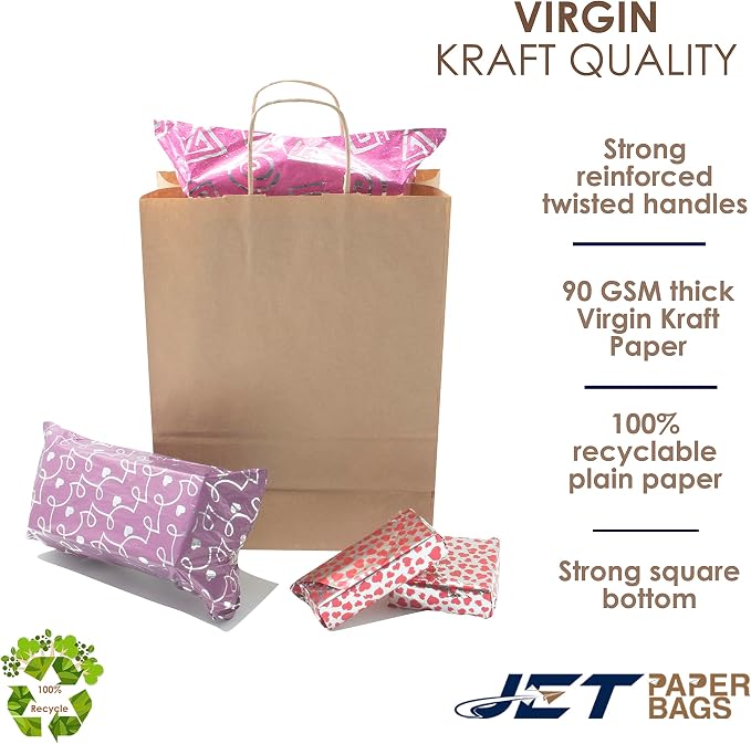 JET PAPER BAGS - 10”x5”x10” Inch [50 Pcs] Medium Brown Paper Bags with Handles Prime for Takeout, Grocery, Goody, Retail, Party, Gifts, Weddings - Recyclable Kraft Paper Gift Bags with Handles - Image 6