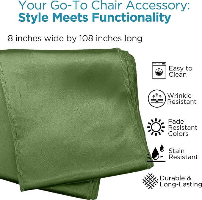 Leading Linens 200 pcs Sage Green 108"x8" Satin Bow Sash Chair Cover Decor | Elegant satin chair bow sashes, perfect for weddings, receptions, banquets, & parties. Reusable & washable. - Image 2