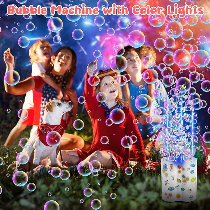 Panamalar Fireworks Bubble Machine, Automatic Bubble Blower Maker for Kids 20000+ Bubbles per Min, 26 Holes Bubble Machine with Lights/240ml Solution, DIY Sticker Bubble Toys for Outdoor Party Wedding