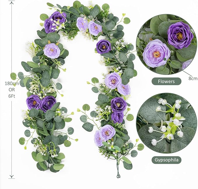 TOCHGREEN 4 Pack Artificial Eucalyptus Flower Garland with Purple Roses | Fake Rose Flower Greenery Garland Floral Vines for Wedding Aisle Centerpiece Backdrop Home Party Table Runner Decor - Image 3
