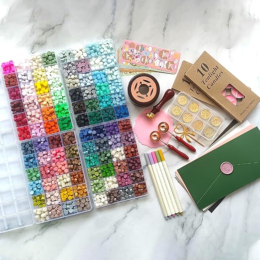 96 Colors Wax Seal Stamp Kit,2400Pcs Sealing Beads,All in one Wax Seal Kit with Sealing Stamps, Warmer,Spoon,Envelopes,Candles,Metallic Pen,for Wedding Invitations Wrapping Christmas Letters