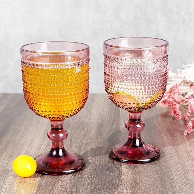 12 oz Purple Vintage Wine Glasses,Hobnail Drinking Glasses Set of 4,Embossed Goblet Glasses for Wedding,Party, Dinner,Bar