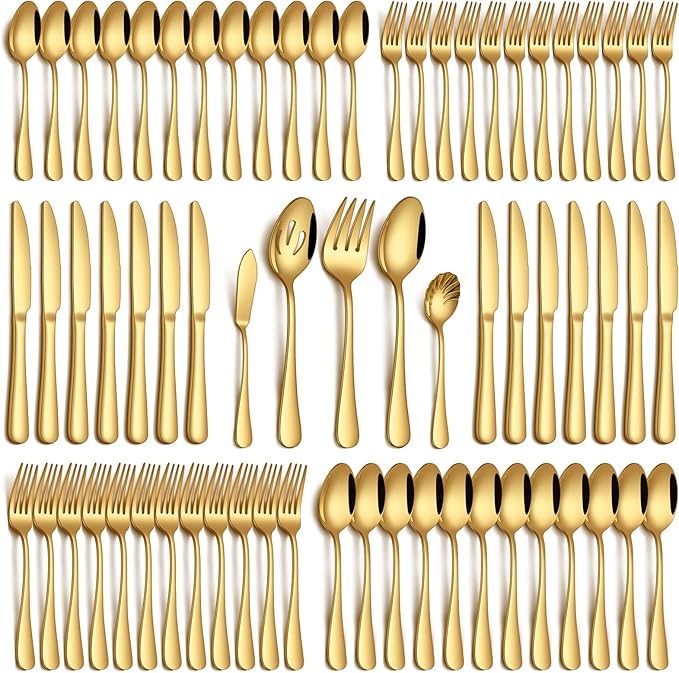 65 Piece Gold Silverware Set with Serving Utensils, Stainless Steel Flatware Set for 12 Food Grade Cutlery Utensil Set Include Knife Fork Spoon Mirror Polished Dishwasher Safe