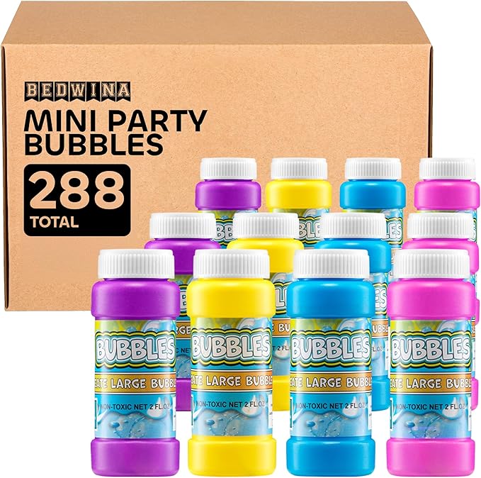 (Bulk Pack of 288) Party Bubbles for Kids - 2-oz Bubbles Bulk Solution with Bubble Wands Assorted Neon Colors for Outdoor Toys Summer Games, Birthday Kids Party Favors, & Goodie Bags Stuffers