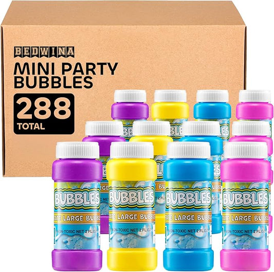 (Bulk Pack of 288) Party Bubbles for Kids - 2-oz Bubbles Bulk Solution with Bubble Wands Assorted Neon Colors for Outdoor Toys Summer Games, Birthday Kids Party Favors, & Goodie Bags Stuffers