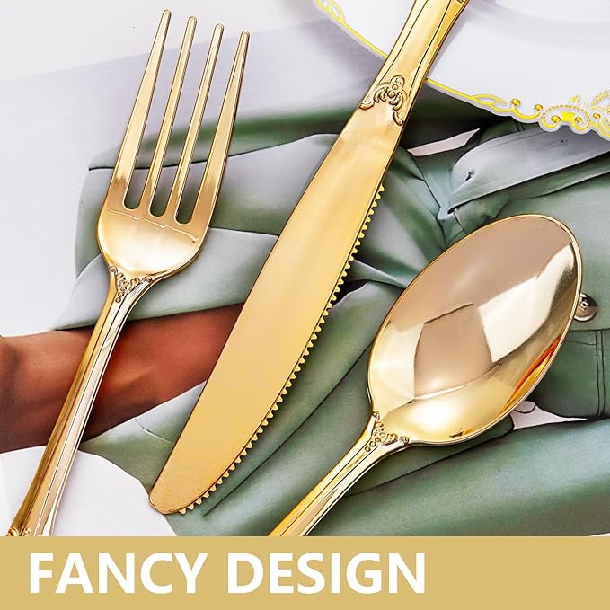 300Pieces Gold Plastic Silverware - Heavy Duty Gold Disposable Utensils - Vintage Plastic Cutlery Set Includes 100 Forks, 100 Spoons, 100 Knives for Dinner Parties Weddings (Pack of 2)