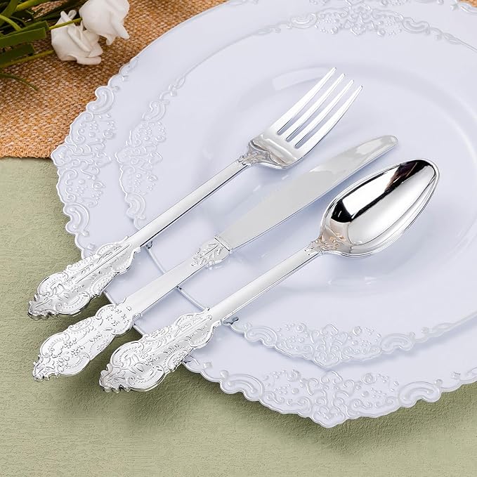 100 Pack Silver Plastic Silverware with Pre Rolled Napkins for 100 Guests, Silver Disposable Utensils Sets Includes 300 Plastic Cutlery, and 100 Napkins for Party & Wedding