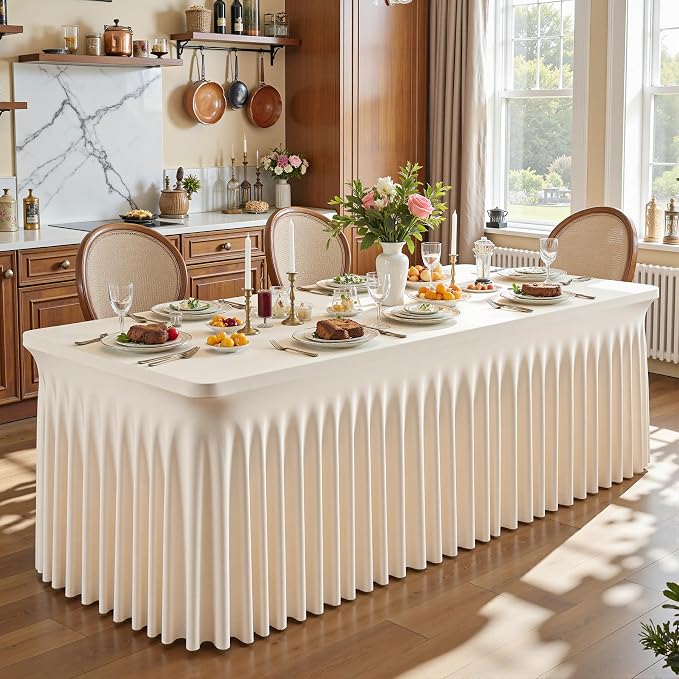 6 Packs Light Champagne Table Clothes for 6 Foot Rectangle Tables, One-Piece Wrinkle Resistant Stretch Spandex Table Covers with Skirt for Event Banquet Wedding Birthday Party - Image 5