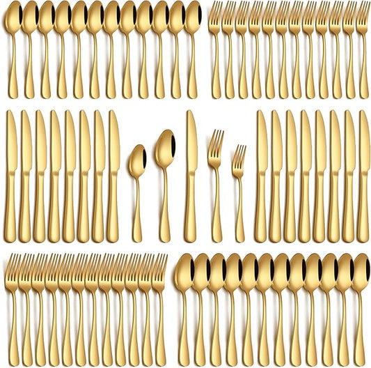 60 Piece Gold Silverware Set, Stainless Steel Flatware Set for 12 Food Grade Cutlery Utensil Set Include Knife Fork Spoon Mirror Polished Dishwasher Safe