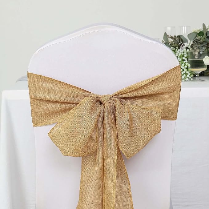 Efavormart 5 Pack | Gold Jute Faux Burlap Chair Sashes Covers, Boho Chic Linen Decor - 6"x108" - Image 2