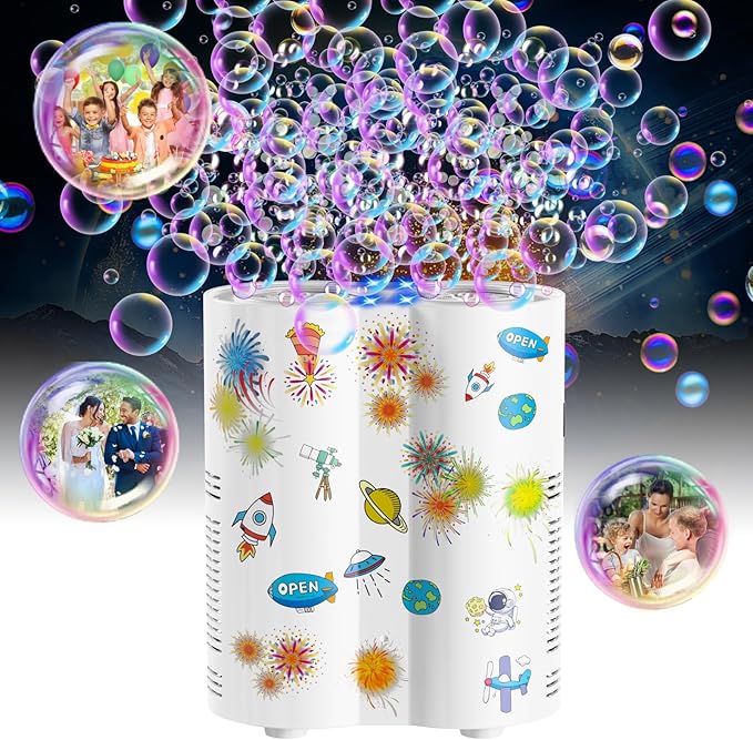 Panamalar Fireworks Bubble Machine, Automatic Bubble Blower Maker for Kids 20000+ Bubbles per Min, 26 Holes Bubble Machine with Lights/240ml Solution, DIY Sticker Bubble Toys for Outdoor Party Wedding