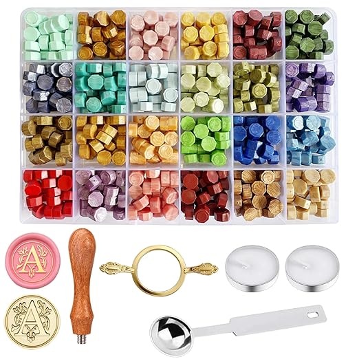 Wax Seal Stamp Kit - Sealing Wax Beads in 24 Colors with Personalized Letter Stamp,Steel Melting Spoon,Tea Candles and Round Molds – Perfect for Wedding Invitations,Envelopes(A)