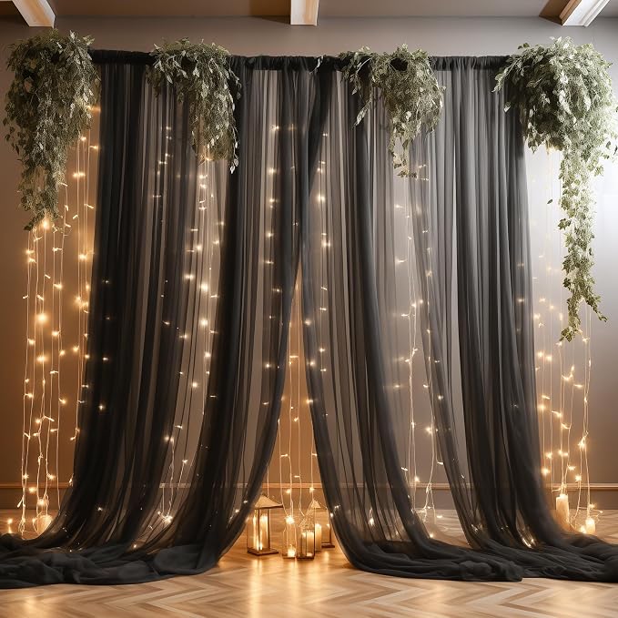 30ft x 8ft Black Backdrop Curtain Panels with Lights String for Parties, Sheer Tulle Wedding Backdrop Drapes for Baby Shower Birthday Party Home Decorations - Image 6