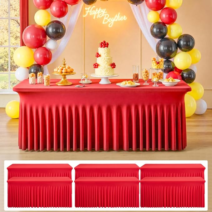 6 pk Red Spandex Tablecloth 6ft with Ruffle Skirt,Wrinkle Free High Stretch Fitted Tablecloths for 6 Foot Rectangle Tables,Pleated Skirts Spandex Table Covers 6ft for Christmas Party Banquet Wedding by ENJOYYOURPARTY