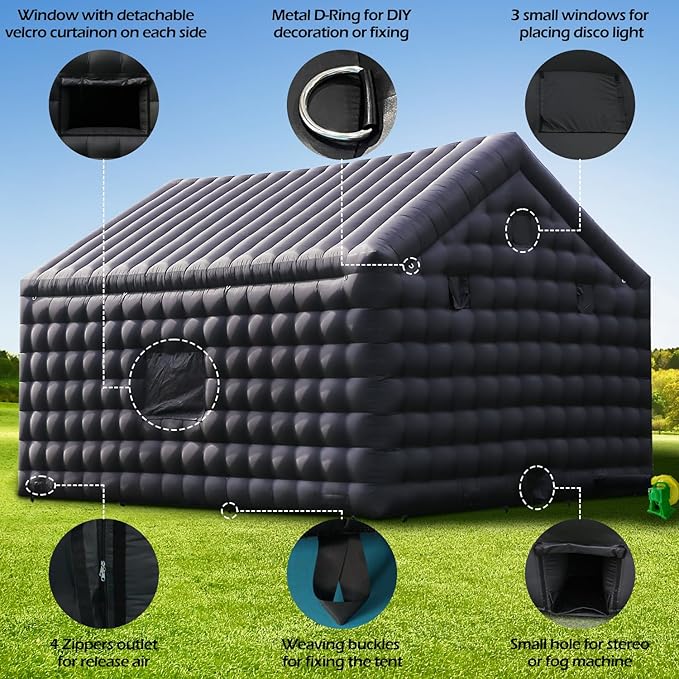 Large Inflatable Night Club Party Tent for Aldult 26FT, Black Oxford Inflatable Building with Blower&Disco Lights, Blow up Large Space Outdoor Events for Birthday, Nightclub, Business(26x20x16ft)