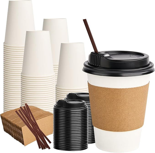 12 oz 100 Pack Disposable Paper Coffee Cups with Lids, Sleeves and Stirrers | BPA-free, Ideal for Office, Home, Coffee Shop, Picnic, Parties, Daily Use by RACETOP