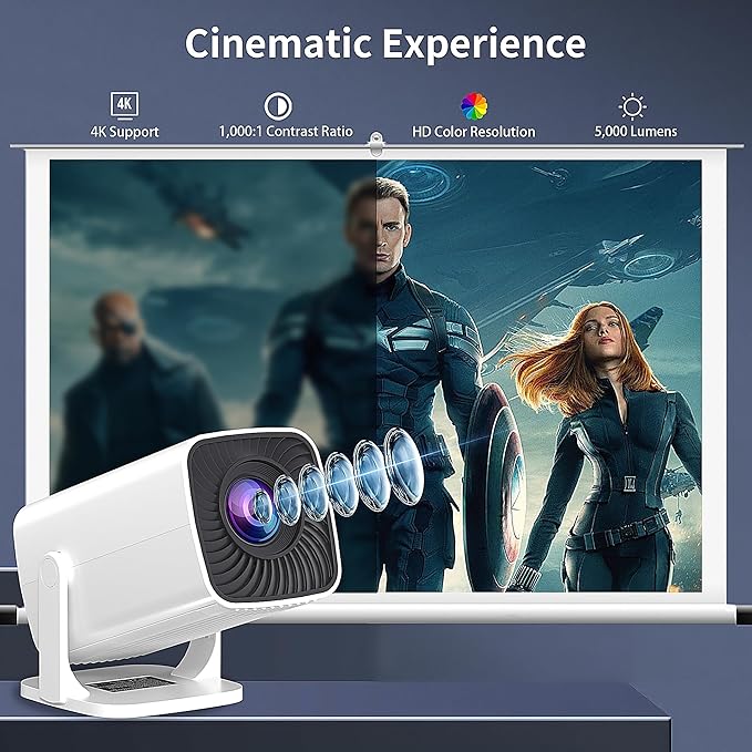 Mini Projector, Portable Outdoor Projector 4K Supported, Short Throw Movie Projector Compatible with Smartphone, TV Stick, Laptop, Game Consoles