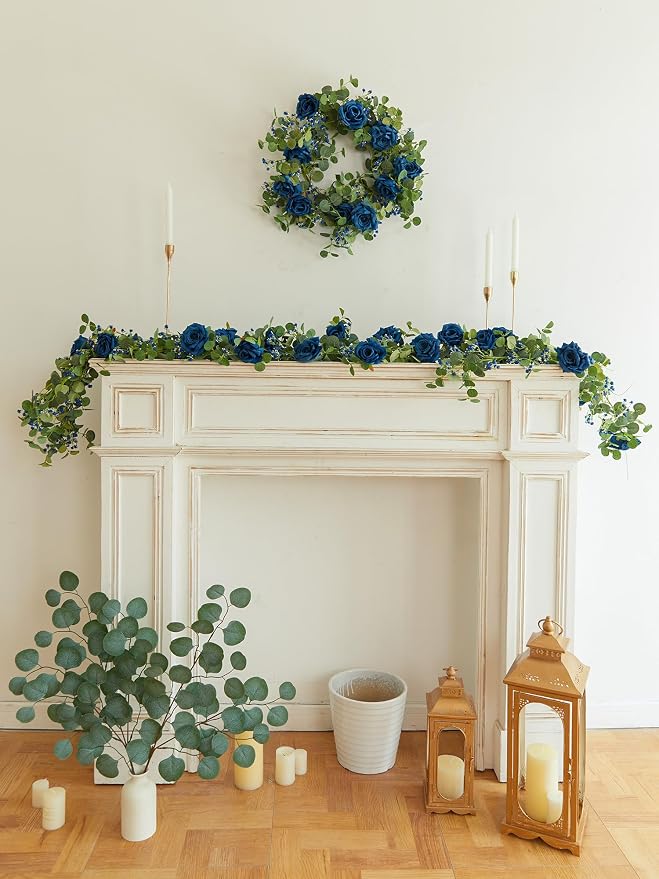 Anna's Whimsy 5.91FT Artificial Eucalyptus Garland with Flowers, Fake Rose Gypsophila Garland, Faux Floral Garlands for Wedding Spring Home Party Craft Art Table Runner Decor (Blue, 1) - Image 6
