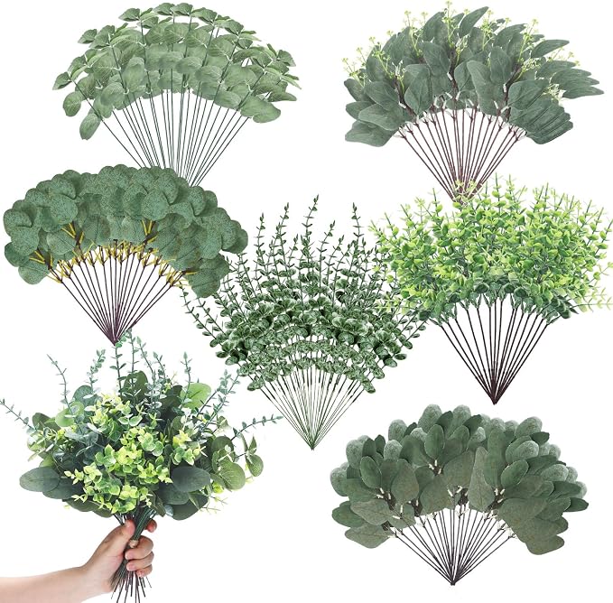 Ceenna 200 Pcs 6 Kind Mixed Eucalyptus Leaves Stem Bulk Artificial Greenery | Fake Silver Dollar Eucalyptus Bundle Faux Plants Greenery for DIY Bouquets Floral Arrangement Wedding Engagement Decor by Ceenna