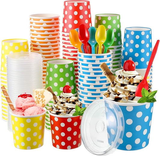 Eaasty 150 Pack Disposable Ice Cream Cups 12oz Colorful Paper Bowls with Lids and Spoons Leak Proof Dessert Container for Sundae Snack Yogurt Party Baby Shower Wedding Camping(Polka Dots,Colorful) by Eaasty