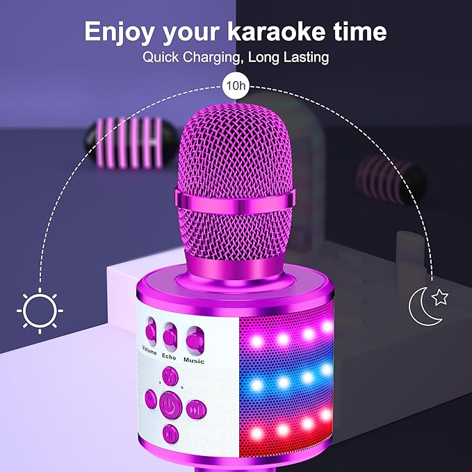 BONAOK Karaoke Microphone for Kids & Adults - Bluetooth Microphones Singing Mic with Disco Lights, Echo Effect, Built-in Speaker Portable Karaoke Player for Party Travel Gifts Q78(Purple)