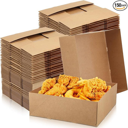 Teling 150 Pcs Kraft Paper Cardboard Food Trays Disposable Container, Brown | 10.4"x10.4"x3.7" Kraft Paper Holders Bulk, Party Theaters Stadiums Catering, Fast Food Container Boxes Foldable Design by Teling