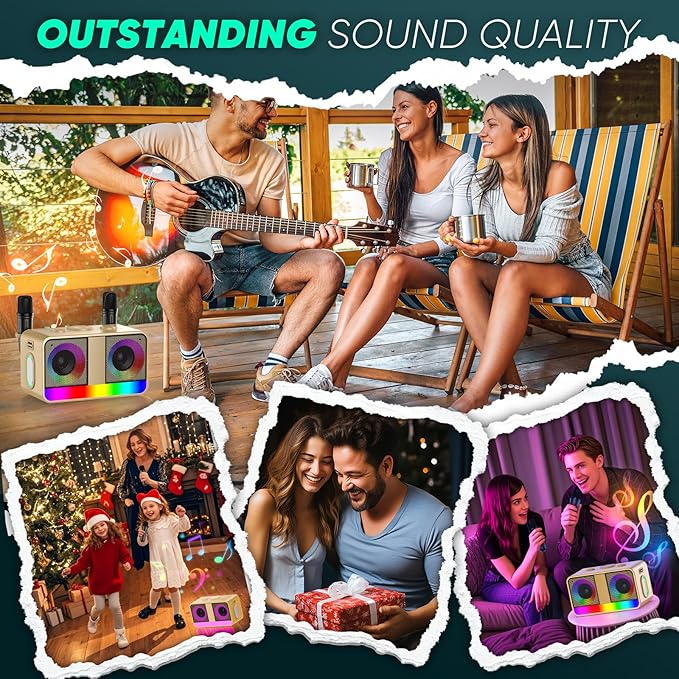 Karaoke Machine, Real 35W Portable Speaker,8H Long Time, 2 Rechargeable Wireless Microphones,LED,Karaoke Machine for Adults & Kids,BT/FM/USB/TF/AUX,for Home Party/Outdoors(CHJ171-Golden)