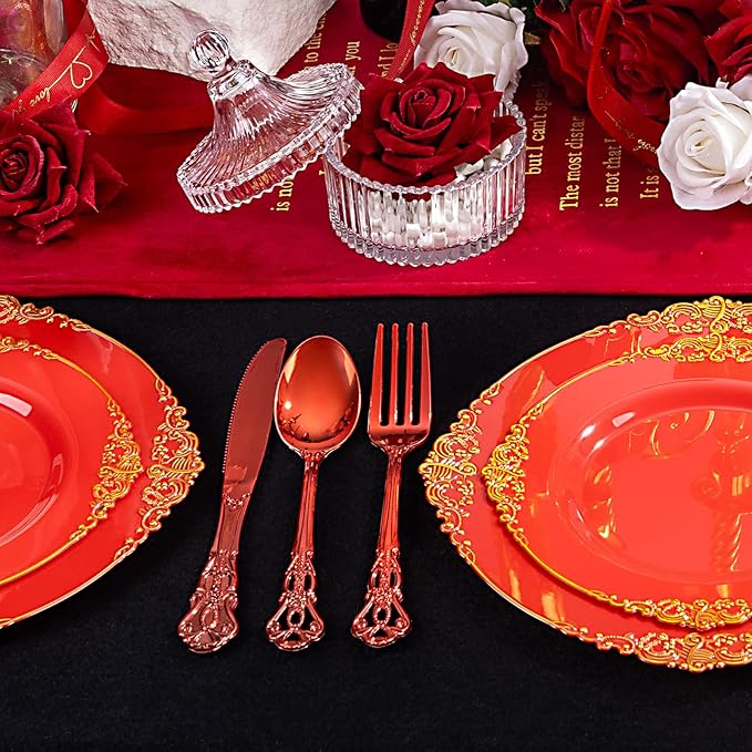 150PCS Red Plastic Silverware - Elegant Disposable Utensils - Heavy Duty Vintage Red Cutlery Sets Includes 50Forks, 50Spoons, 50Knives for Catering Dinner Party Wedding