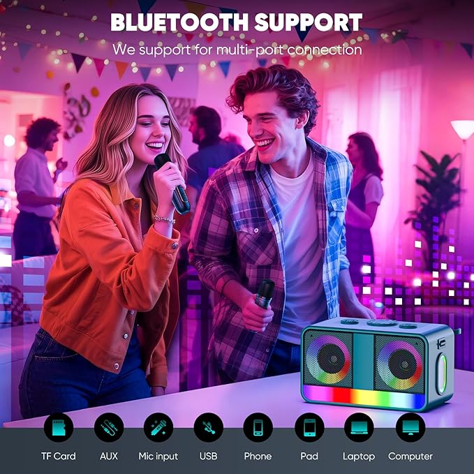 Karaoke Machine,Real 35W Portable Speaker,8H Long Time, 2Rechargeable Wireless Microphones,LED,Karaoke Machine for Adults & Kids,BT/FM/USB/TF/AUX,for Home Party/Outdoors(CHJ171-LightGreen)