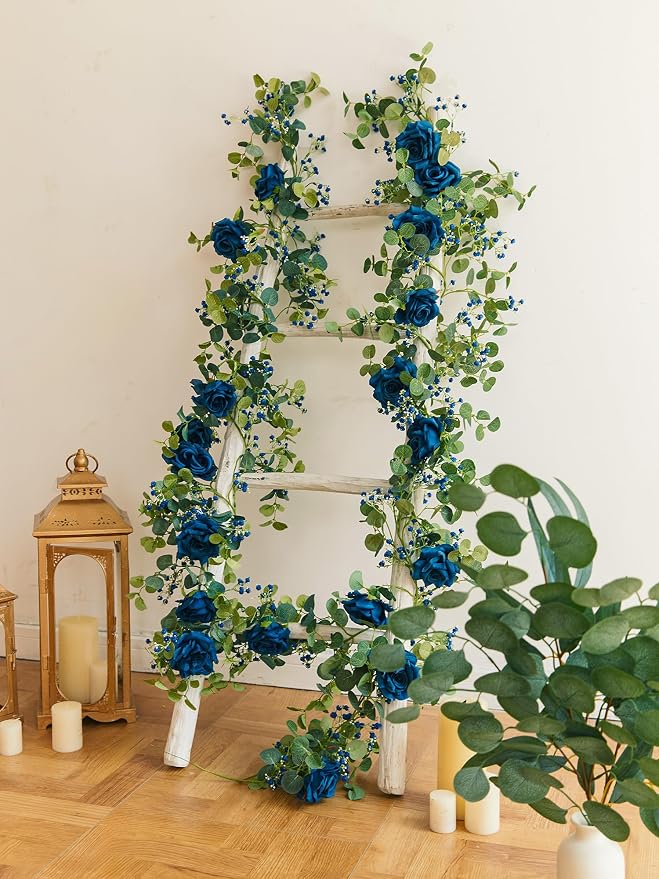 Anna's Whimsy 5.91FT Artificial Eucalyptus Garland with Flowers, Fake Rose Gypsophila Garland, Faux Floral Garlands for Wedding Spring Home Party Craft Art Table Runner Decor (Blue, 1) - Image 5