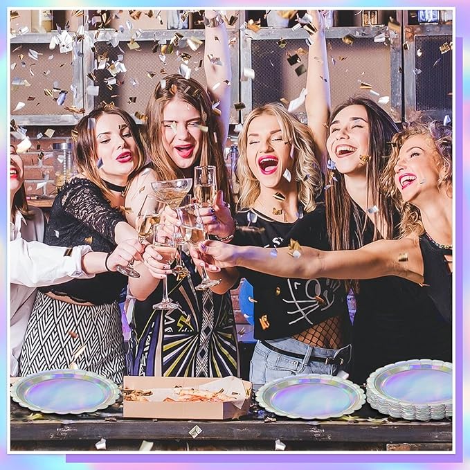30 Pcs Iridescent Plates Disposable 9 Inch Scalloped Holographic Plates Sliver Birthday Cake Dessert Plate for Mermaid, Disco, Unicorn Birthday