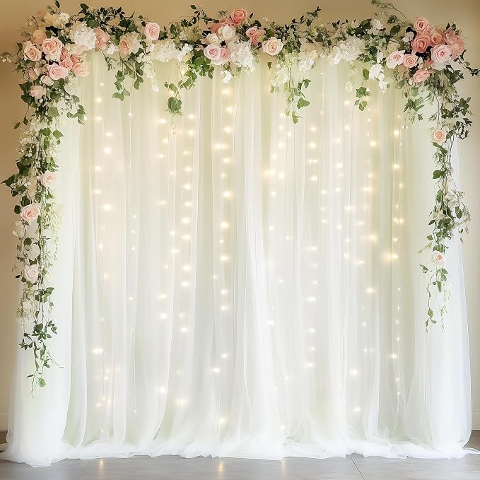Fomcet Tulle Backdrop Curtains with Lights 10x8ft Sheer Ivory Curtain | Tulle Curtains Backdrop Sheer Backdrop Curtains for Parties Wedding Birthday Baby Shower Photoshoot Decors(2 Panels 5x10ft) by Fomcet