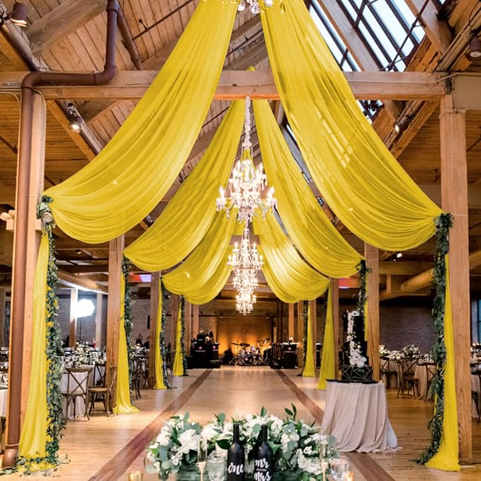 MODFUNS Ceiling Drapes for Parties Gold Sheer Wedding Arch Drapes 4 Panels 5x30ft Chiffon Fabric Ceiling Drapery Tulle Curtain for Backdrop Ceiling Draping Fabric for Party Wedding Hall Decor - Image 2