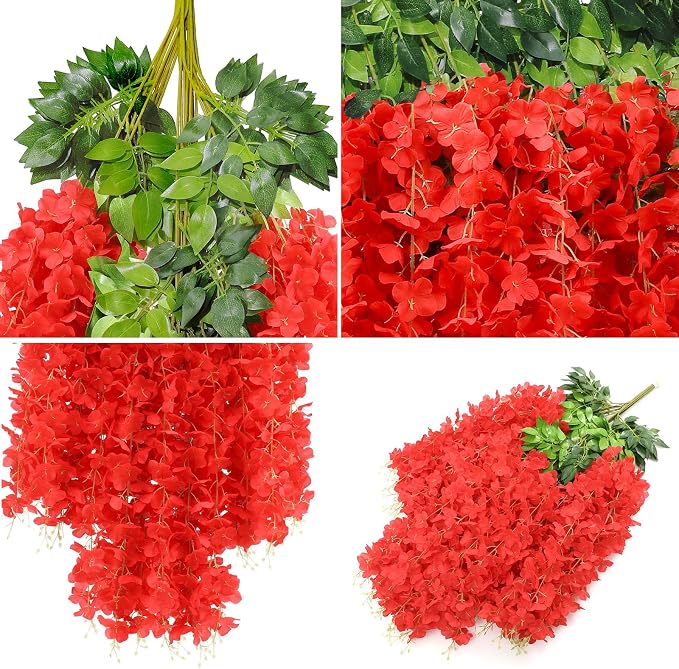 U'Artlines 24 Pack (Total 86.4 Feet) Artificial Fake Wisteria Vine Rattan Hanging Garland Silk Flowers String Home Party Wedding Decor (24, Red) - Image 4