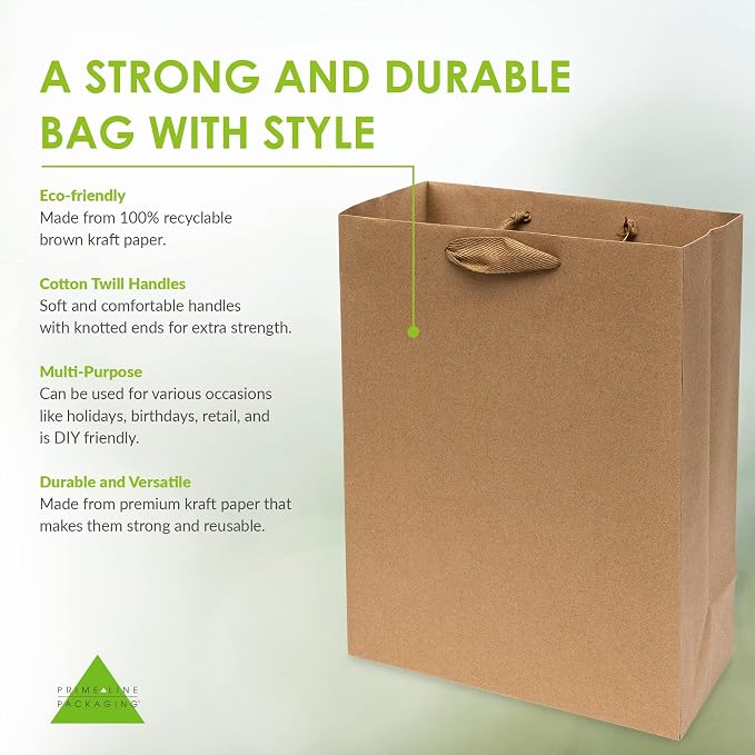 Prime Line Packaging Brown Gift Bags, Kraft Gift Bags Mini with Handles for Small Business, Boutiques, Retail Use, Wrapping, Party Favors, Bulk, 6x3x9, 50 Pack - Image 2