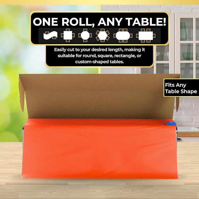 LEMON + Co. Orange Premium Plastic Tablecloth Roll - 54" x300' for Parties with Cutter Box - Cut to Size Rectangle & Round Disposable Tablecloth Plastic Table Cover - Image 4