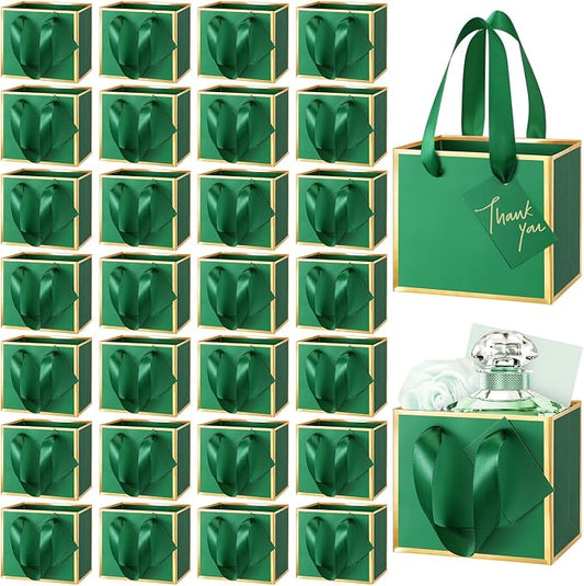 Yeaqee 100 Pcs Mini Metallic Paper Gift Bags with Handle, Dark Green,Gold | 4.75x2.25x4'' Small Gift Bag with DIY Tag, Tiny Thank You Party Favor, Wedding Baby Shower Birthday Back to School Jewelry by Yeaqee