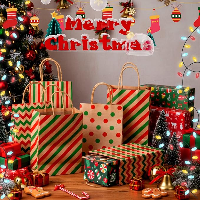 Colarr 100 Pcs Christmas Gift Bags Kraft Red Green Striped Dots Handles | Polka Dot Chevron Patterns, Party Favor Supplies, Treat Candy Goodie Bags, Holiday Wrapping, Twisted Handles for Carrying - Image 4