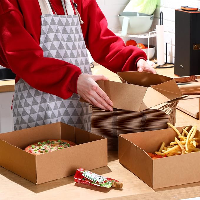 Teling 50 Pcs Kraft Paper Cardboard Food Trays Disposable Container, Brown | 10.4"x10.4"x3.7" Kraft Paper Holders Bulk, Party Theaters Stadiums Catering, Fast Food Container Boxes Foldable Design - Image 5