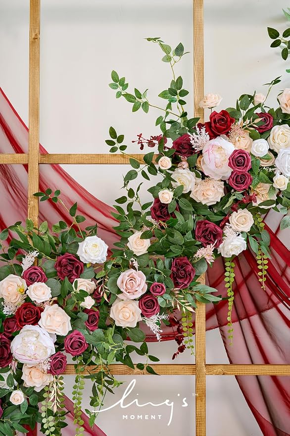 Ling's moment Burgundy Eucalyptus Flower Garland Wedding Arch 9 FT | Blush Rose & Eucalyptus, Greenery, Sweetheart Table Decor, Marsala Floral Garland for Mantle, Centerpieces, Backdrop - Image 3
