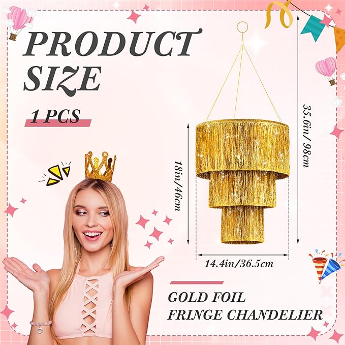 1 Piece 3 Tier Fringe Tinsel Chandelier Fringe Chandelier Decoration Birthday Bachelorette Party Decoration Iridescent Foil Shimmering for Wedding Home (Gold)