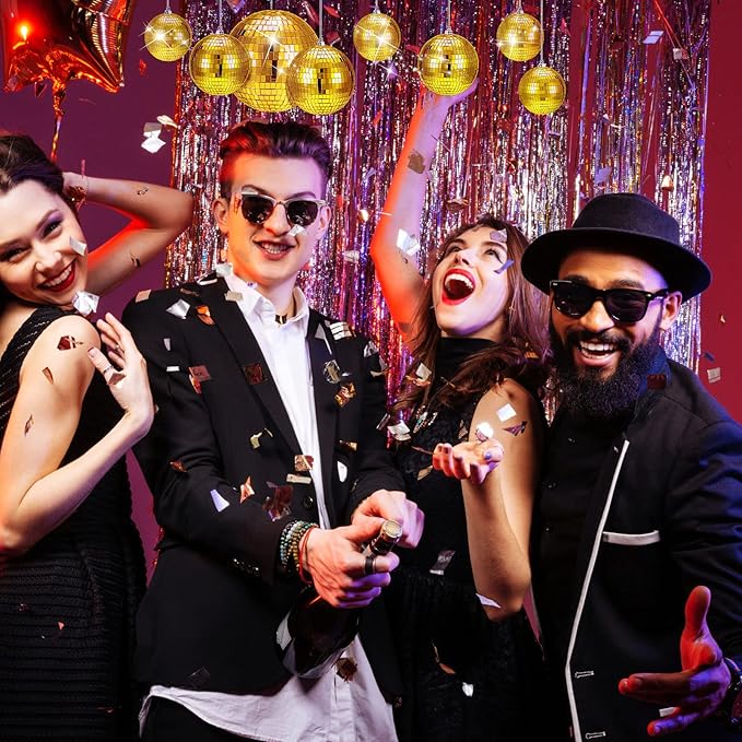 WILLBOND 12 Pack Disco Ball Mirror Ball with Hanging Ring for Fun Retro Disco Party Decorations Party Dj Lighting Effect Stage Props Game Accessories, 5.91", 3.94", 3.15", 2.36"(Gold)