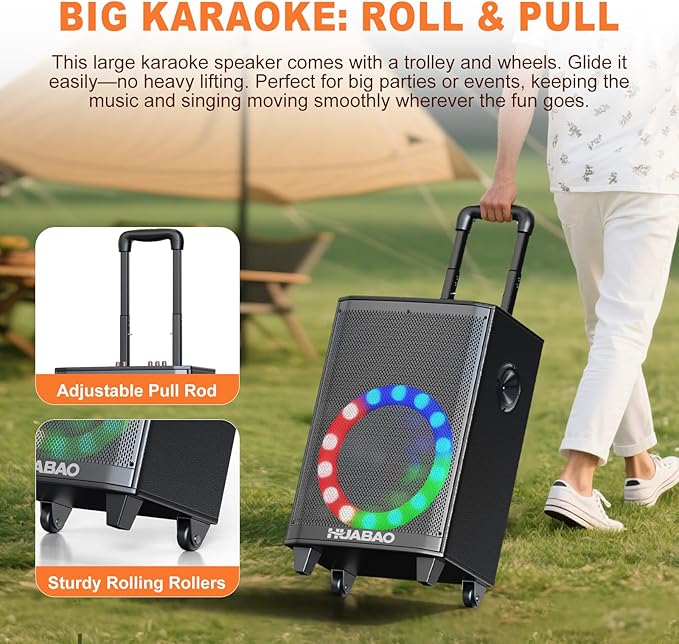 Large Bluetooth Karaoke Speaker with 2 Wireless Microphones, 11 Speaker System with 8800mAh Battery, Trolley PA System with Lights, Remote, FM/AUX/USB/TF, Bass & Treble Adjust, Ideal for Outdoor Party