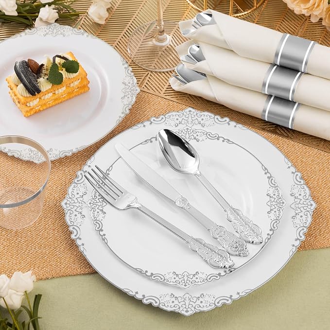 100 Pack Silver Plastic Silverware with Pre Rolled Napkins for 100 Guests, Silver Disposable Utensils Sets Includes 300 Plastic Cutlery, and 100 Napkins for Party & Wedding
