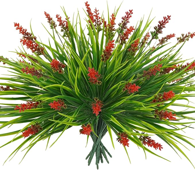 obbsie 12 Bundles Artificial Plants Outdoor, 18.2" UV Resistant Faux Monkey Grass Greenery Stems No Fade Faux Plastic Flowers Shrubs for Home Weddings Garden Porch Front Patio Office Decor - Red by ObbsieDirect