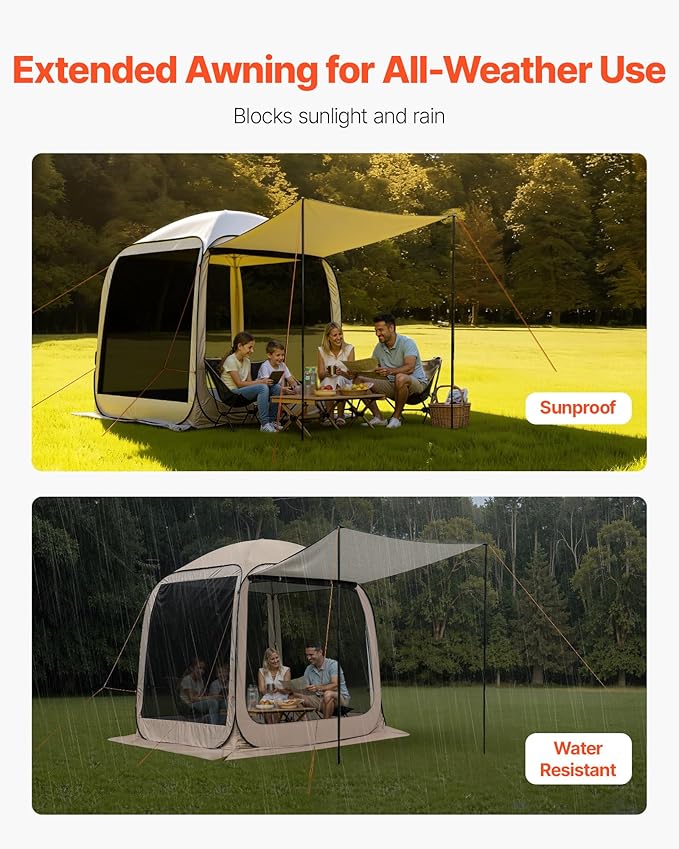 VEVOR 6 x 6 ft Pop-Up Screen House Tent with Extended Awning, 4–6 Person Screen Gazebo, Portable Screened Canopy with Carry Bag, Netting Sides & Ground Stakes for Patio, Backyard & Outdoor Activities
