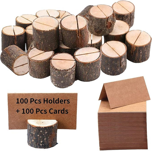 100 Pack Rustic Wooden Place Card Holders with 100 Kraft Cards, Table Number Holder, Photo Display Stand, Memo Card, Food Label Holder for Wedding, Party, Craft
