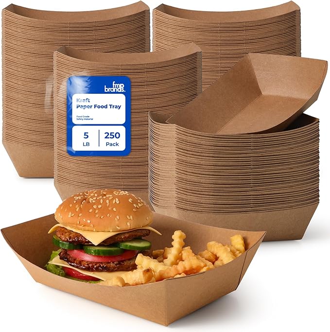Fit Meal Prep [250 Pack 5 lb Paper Food Boats Heavy Duty Disposable Food Trays, Kraft Brown Nacho Tray for Parties Fairs Picnics Carnivals Holds Tacos Nachos Fries Hot Dogs Grease Resistant by FMPBRANDS